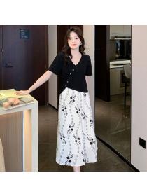 Korean style V collar Top Loose Floral skirt 2 pcs set