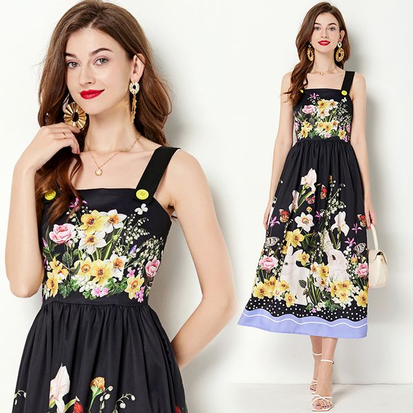 European style Summer Sleeveless Printed High waist A-line dress