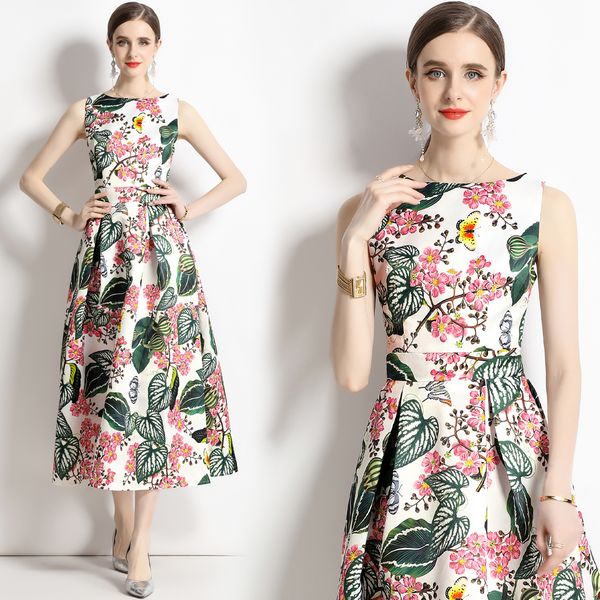 European style Summer Sleeveless High waist A-line Printed dress