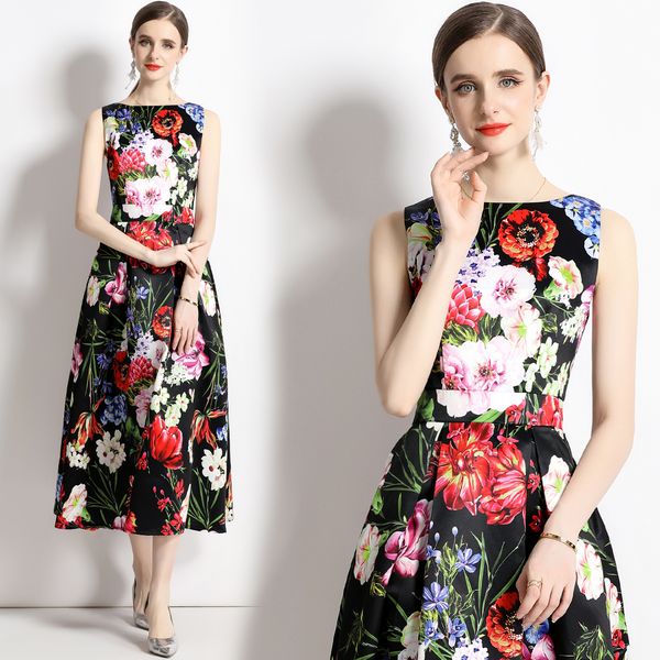 European style Summer Sleeveless High waist A-line Flower Printed Long dress