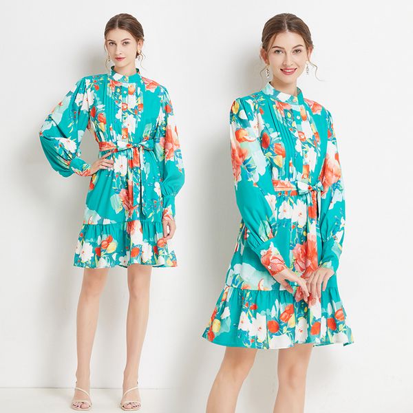 European style Stand collar Puff sleeve Printed Dress
