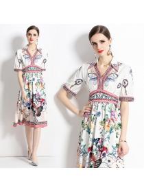 European style Summer Short sleeve V neck Colorful Printed dress