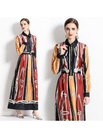 Fashion equestrian chain Printed long dress lace-up dress with tie