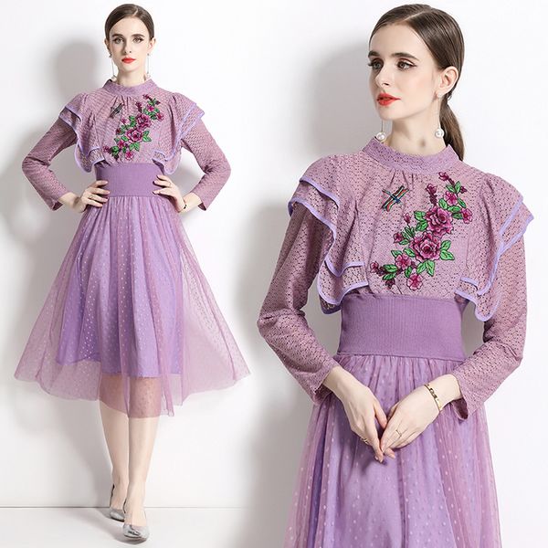 European style Lace Fower embroidery large swing dress