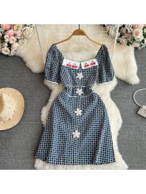 Vintage style Summer Square neck Puff sleeve denim dress 