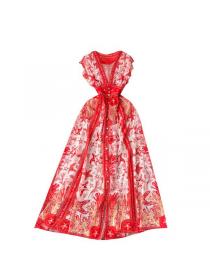 Vintage style Summer Slim V neck Printed Dress 