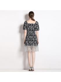 European style Summer Puff sleeve Square neck A-line dress 