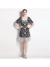 European style Summer Puff sleeve Square neck A-line dress 