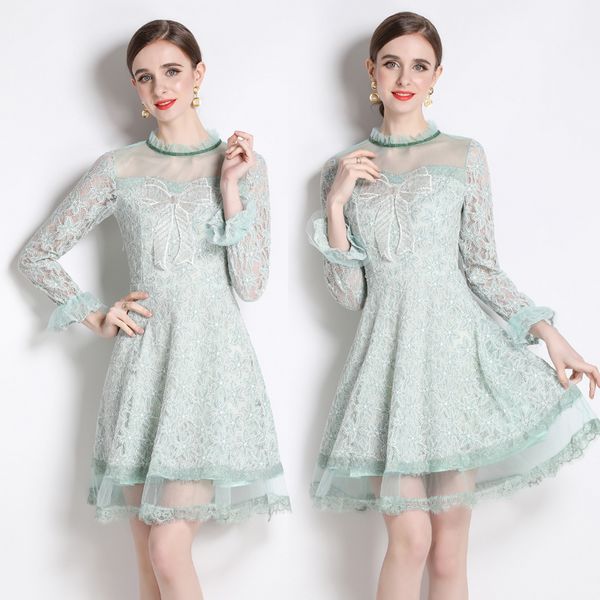 European style Spring new Round collar Long sleeved dress