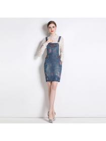 European style Spring new Lace Top+Holes Denim dress