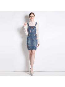 European style Spring new Lace Top+Holes Denim dress