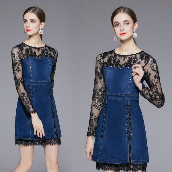 European style Retro High waist Lace sleeve dress
