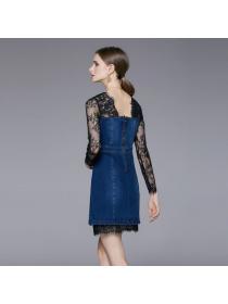 European style Retro High waist Lace sleeve dress 
