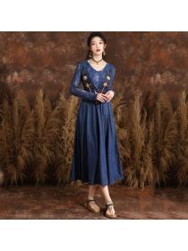 Vintage style Summer Round collar Embroidery Large swing dress 
