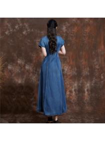 Vintage style Summer V neck Embroidery Short sleeve denim dress 