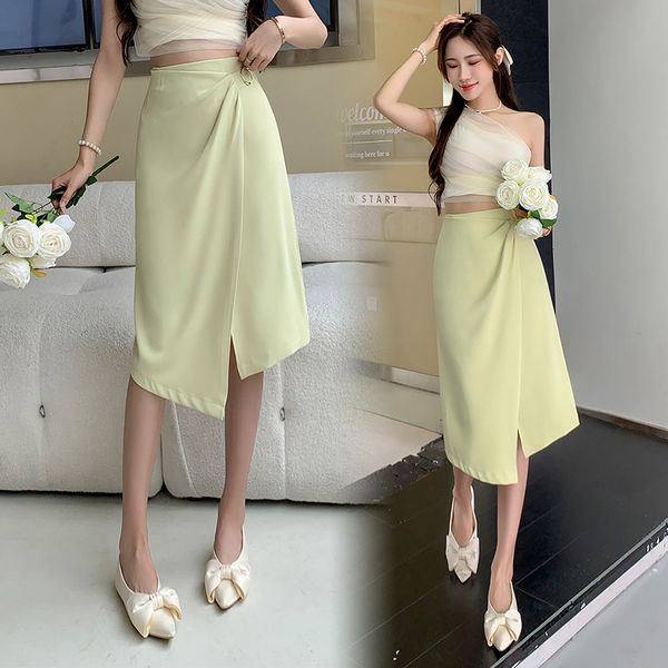 Korean style High waist Casual Loose Solid color Long skirt
