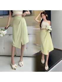 Korean style High waist Casual Loose Solid color Long skirt 