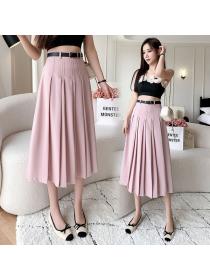 Korean style Summer High waist Pleated Long skirt 