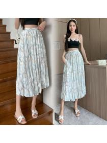 Korean style Summer Loose High waist Casual Floral Long skirt 