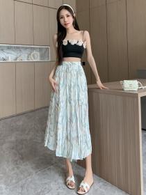 Korean style Summer Loose High waist Casual Floral Long skirt 