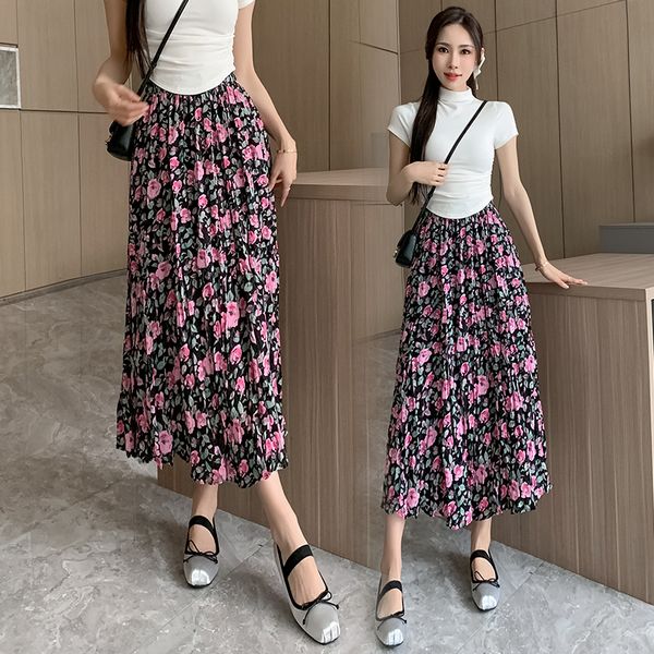 Korean style Summer Loose waist Pleated Floral skirt