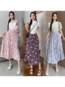 Korean style Summer Loose waist Pleated Floral skirt 