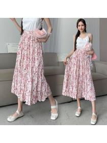 Korean style Summer Loose waist Pleated Floral skirt 