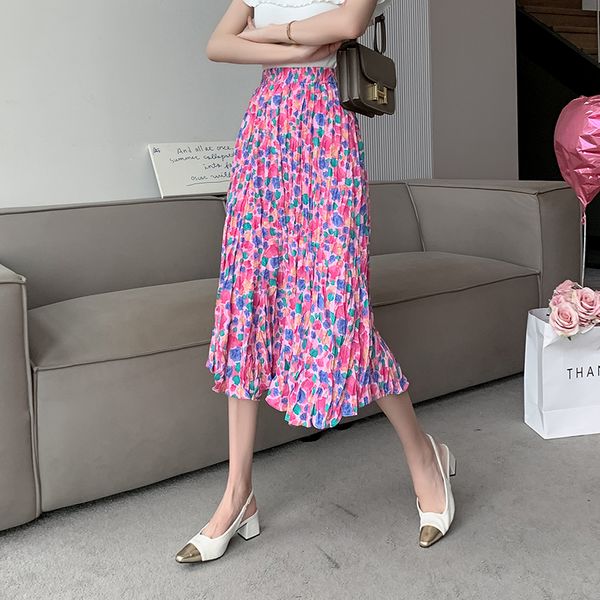 Korean style Summer Loose waist Pleated Long skirt Floral skirt