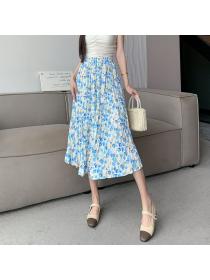 Korean style Summer Loose waist Pleated Long skirt Floral skirt 