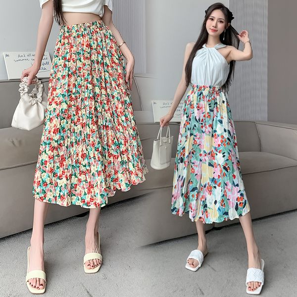 Korean style Summer Fashion Loose waist Pleated Long skirt Floral skirt