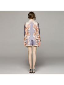 European style Matching Printed Blouse+Shorts 2 pcs set