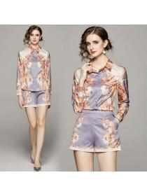 European style Matching Printed Blouse+Shorts 2 pcs set