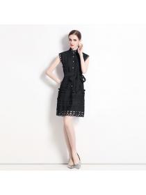 European style Hollowed out lace A-line dress Summer stand-up collar slim dress