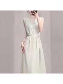 Korean style Summer Apricot V neck Sleeveless Dress 