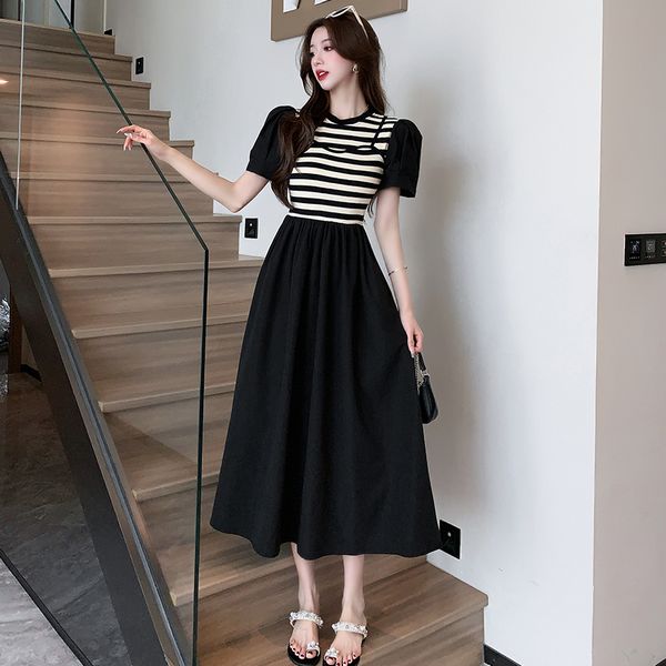 Korean style Fashion Puff sleeve Stripe Fake two pieces dress