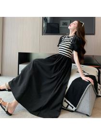 Korean style Fashion Puff sleeve Stripe Fake two pieces dress 