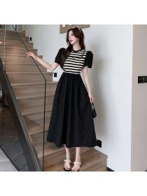 Korean style Fashion Puff sleeve Stripe Fake two pieces dress 