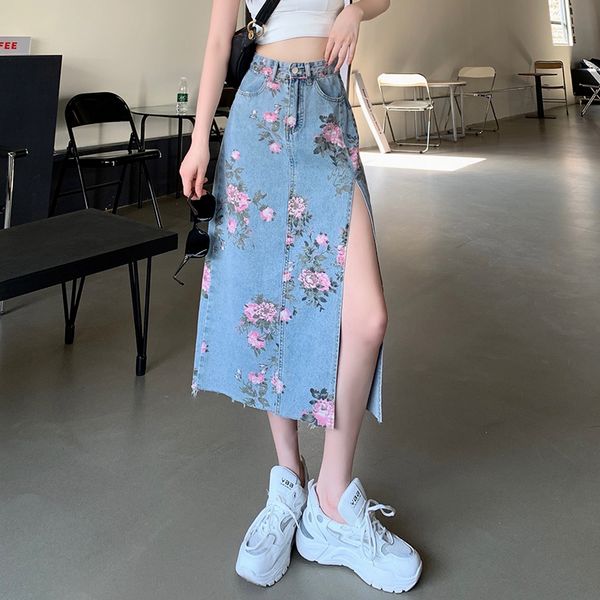 Korean style High waist Slit skirt Denim Floral skirt