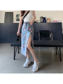 Korean style High waist Slit skirt Denim Floral skirt 