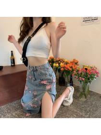 Korean style High waist Slit skirt Denim Floral skirt 