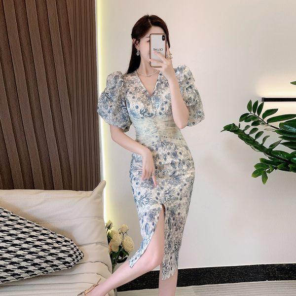 Korean style Summer Elegant Puff sleeve Floral dress