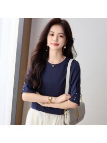 Korean style Summer Solid color Round collar T-shirt for women