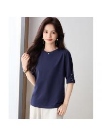 Korean style Summer Solid color Round collar T-shirt for women