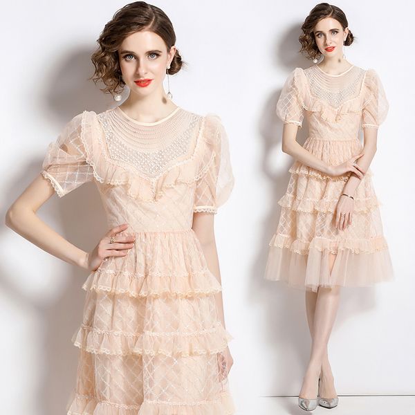 European style Summer Puff sleeve Lace Layer dress