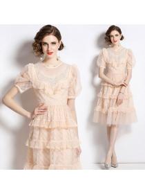 European style Summer Puff sleeve Lace Layer dress 
