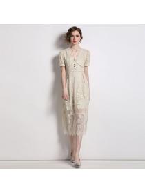 European style Summer V collar Bowknot Short sleeve dress 