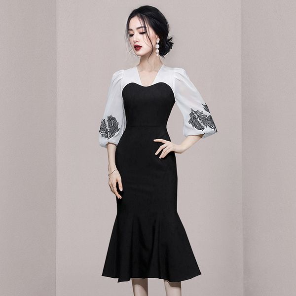 Korean style Elegant Lantern sleeve Slim Fishtail dress