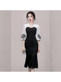 Korean style Elegant Lantern sleeve Slim Fishtail dress 