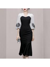 Korean style Elegant Lantern sleeve Slim Fishtail dress 