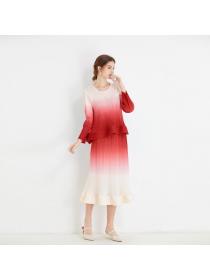 Gradual color ruffled Edge pleated top + half skirt pleated two-piece set
